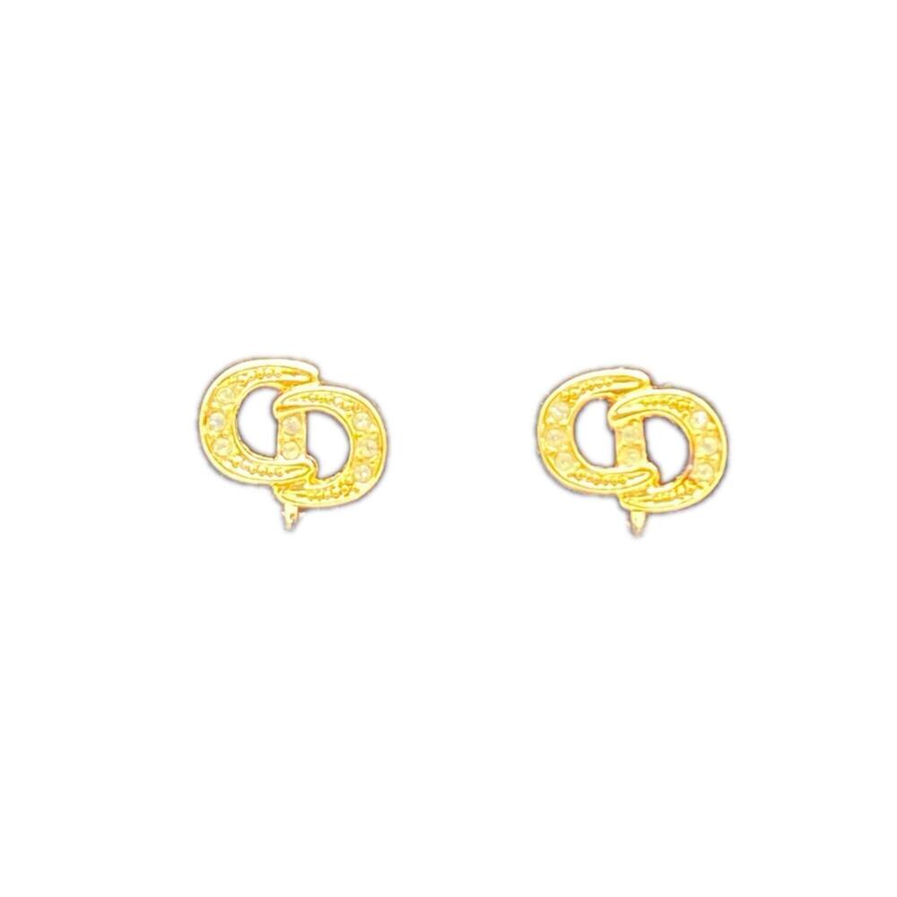 Christian Dior CD Logo Earrings, Rhinestone, Gold GP, Women's